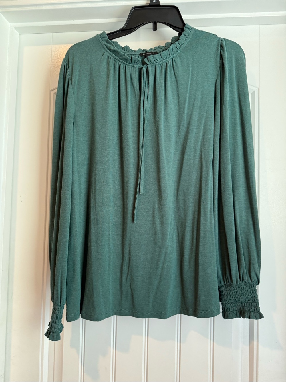 Ann Taylor Teal Green Long-Sleeve Ruffle-Neck Blouse